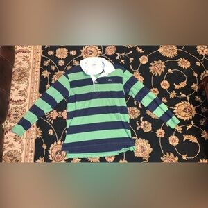 Vintage Lacoste Longsleeve Rugby Green Blue White Stripe Polo Shirt Size Large